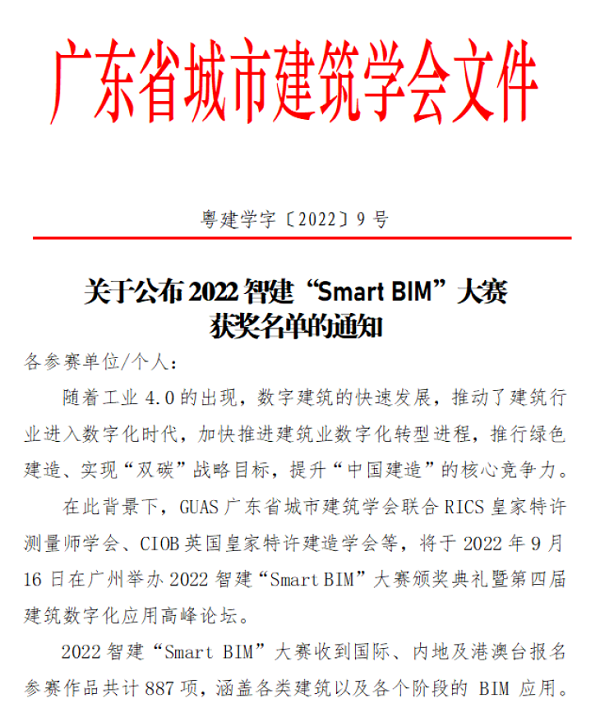 集團公司在2022第四屆“SMART BIM”大賽中斬獲殊榮